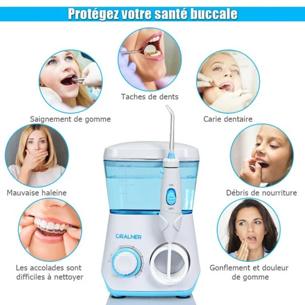 Jet Dentaire Professionnel Machine à Laver les Dents Multifonction 9 Buses Différentes en ABS, 14x12,5x20cm, Blanc/bleu