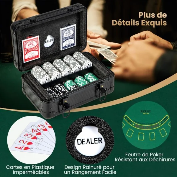 Jeu de Jetons de Poker Texas Hold’em 300 Jetons de Poker de Casino 2 Jeux de Cartes Jeton de Croupier Tapis Feutre Mallette Aluminium Noir