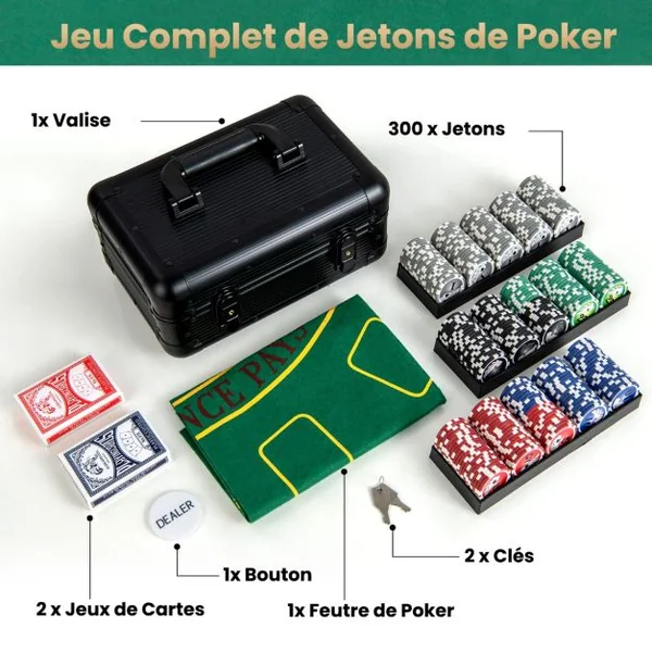 Jeu de Jetons de Poker Texas Hold’em 300 Jetons de Poker de Casino 2 Jeux de Cartes Jeton de Croupier Tapis Feutre Mallette Aluminium Noir