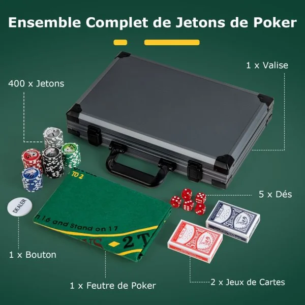 Jeu de Jetons de Poker Texas Hold’em 400 Jetons de Poker de Casino 2 Jeux de Cartes Jeton de Croupier 5 Dés Tapis Feutre Mallette Noir