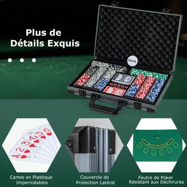 Jeu de Jetons de Poker Texas Hold’em 400 Jetons de Poker de Casino 2 Jeux de Cartes Jeton de Croupier 5 Dés Tapis Feutre Mallette Noir
