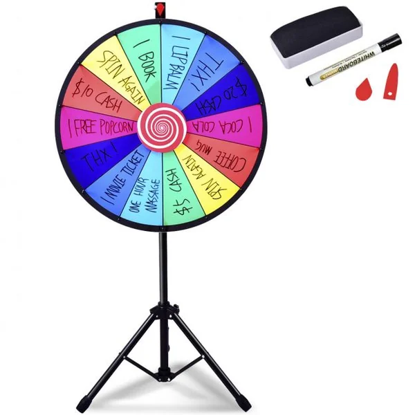 Jeu de Roue de la fortune avec trépied 24 pouces (φ 60cm) personnalisable jeux de société avec stylo effaçable, 2 pointeurs