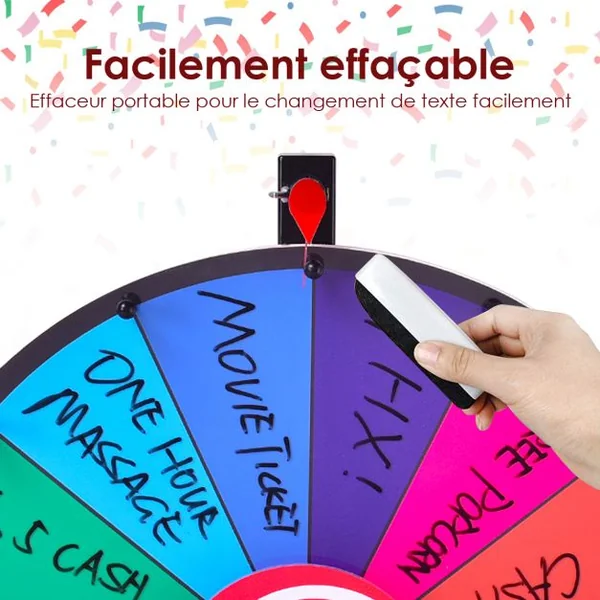 Jeu de Roue de la fortune de table 18 pouces (φ 48cm) personnalisable jeux de société avec stylo effaçable, 2 pointeurs