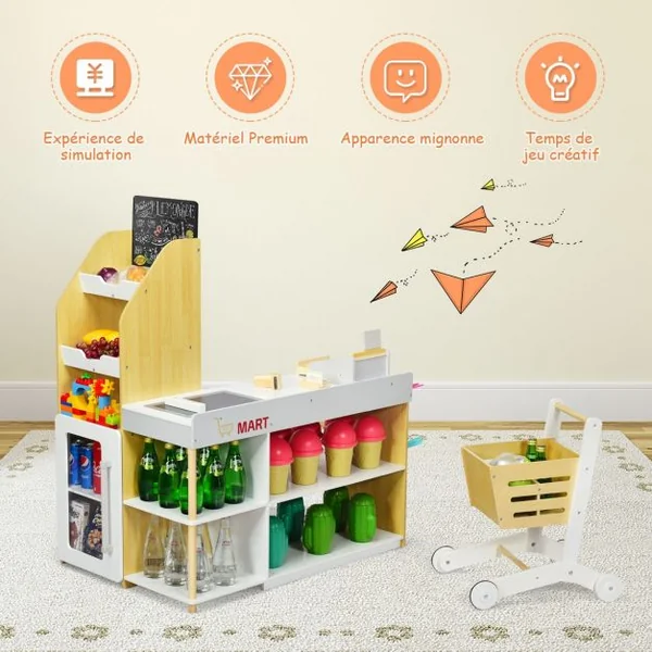 Jeu d'imitation Jouet Marchande en Bois avec Caisse de Supermarché 3 Ans+