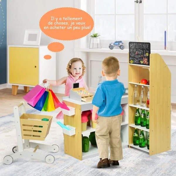 Jeu d'imitation Jouet Marchande en Bois avec Caisse de Supermarché 3 Ans+
