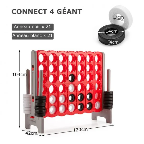 Jeu Puissance 4 Géant avec 42 Anneaux et 2 Leviers de Redémarrage pour Fête Intérieur Extérieur 120x42x104cm