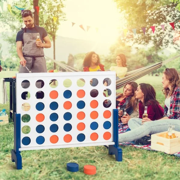 Jeu Puissance 4 Géant en Bois avec 42 Pièces en Plastique Jeu de Société avec Pieds en Bois Massif Sac de Transport 83,5 X 20,5 X 71,5 cm Blanc