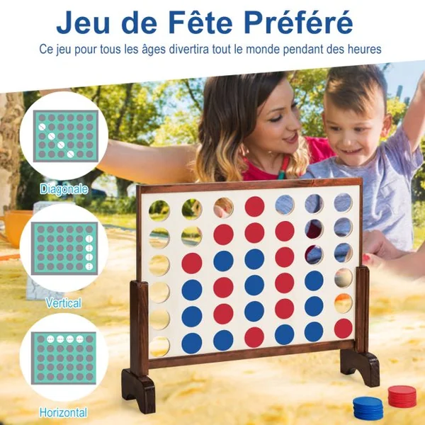 Jeu Puissance 4 Géant en Bois avec 42 Pièces en Plastique Jeu de Société avec Pieds en Bois Massif Sac de Transport 83,5 X 20,5 X 71,5 cm Naturel