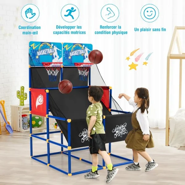 Jeux de Basketball Arcade à double tirs enfants avec 4 balls et 2 Paniers Panier de Basketball double Intérieur et Extérieur pour enfants de 3 ans+