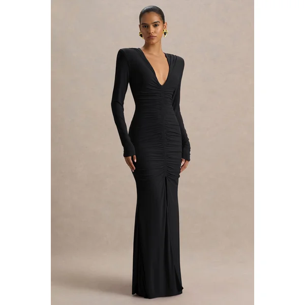 Jewel | Robe longue noire à décolleté plongeant avec fente frontale et détails froncés