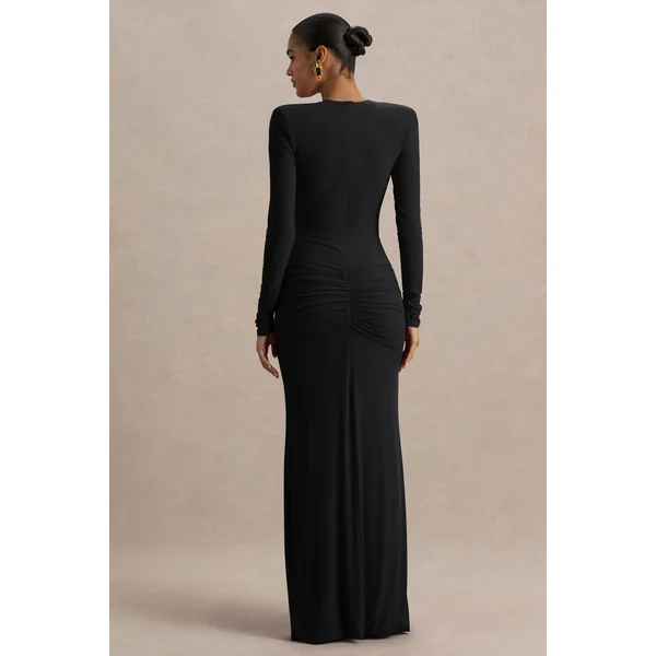 Jewel | Robe longue noire à décolleté plongeant avec fente frontale et détails froncés