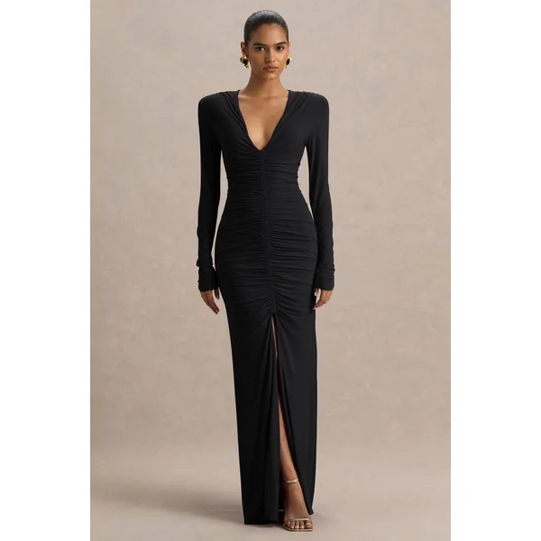 Jewel | Robe longue noire à décolleté plongeant avec fente frontale et détails froncés