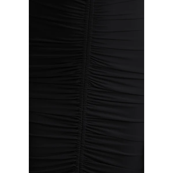 Jewel | Robe longue noire à décolleté plongeant avec fente frontale et détails froncés