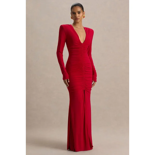 Jewel | Robe longue rouge à encolure plongeante avec fente avant et détails froncés