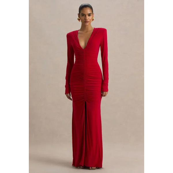 Jewel | Robe longue rouge à encolure plongeante avec fente avant et détails froncés