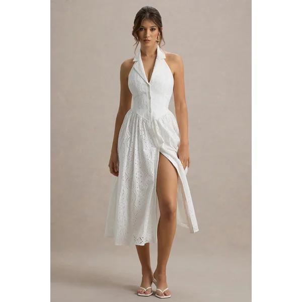 Jezebel | Robe mi-longue blanche en dentelle avec décolleté plongeant et col