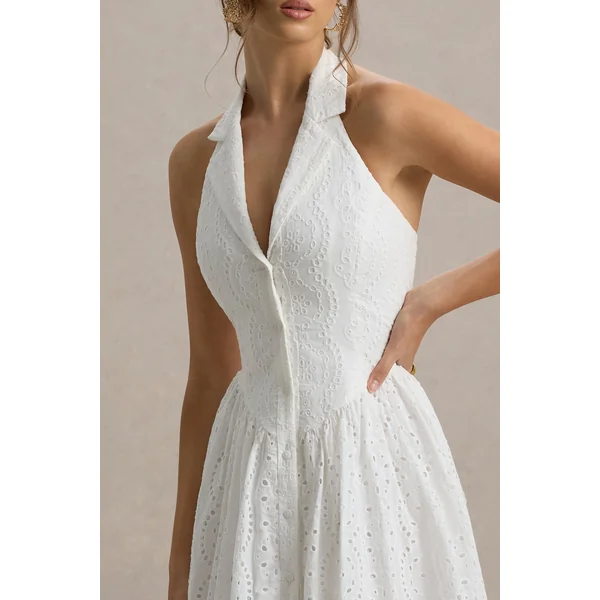 Jezebel | Robe mi-longue blanche en dentelle avec décolleté plongeant et col