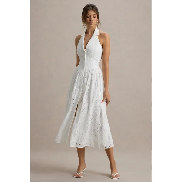 Jezebel | Robe mi-longue blanche en dentelle avec décolleté plongeant et col