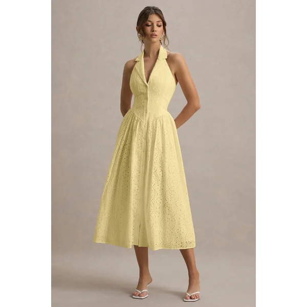 Jezebel | Robe mi-longue jaune à col avec décolleté plongeant en dentelle