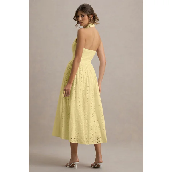 Jezebel | Robe mi-longue jaune à col avec décolleté plongeant en dentelle