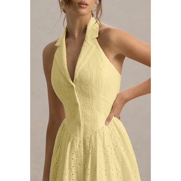 Jezebel | Robe mi-longue jaune à col avec décolleté plongeant en dentelle