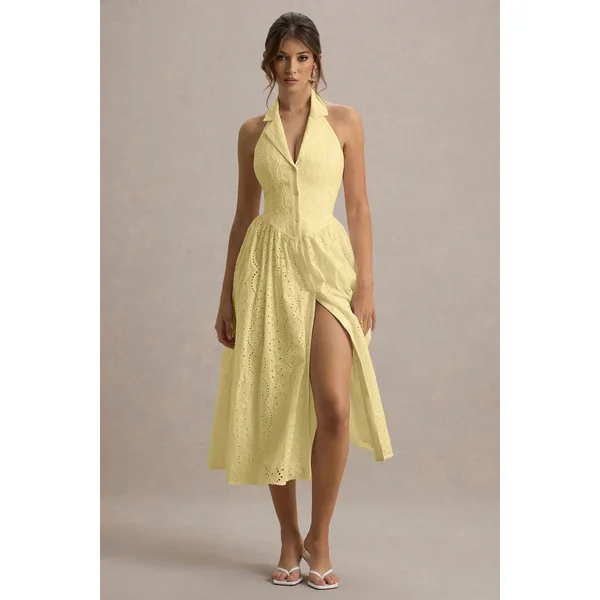 Jezebel | Robe mi-longue jaune à col avec décolleté plongeant en dentelle