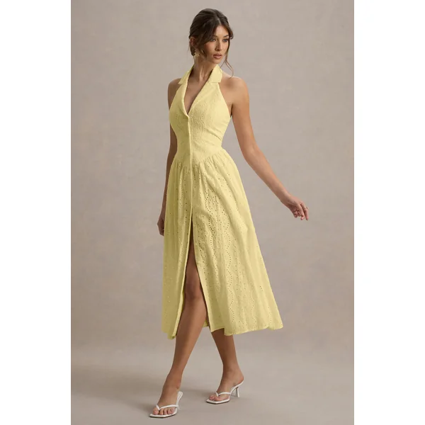 Jezebel | Robe mi-longue jaune à col avec décolleté plongeant en dentelle