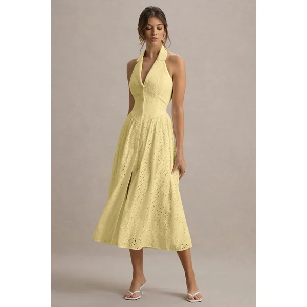 Jezebel | Robe mi-longue jaune à col avec décolleté plongeant en dentelle