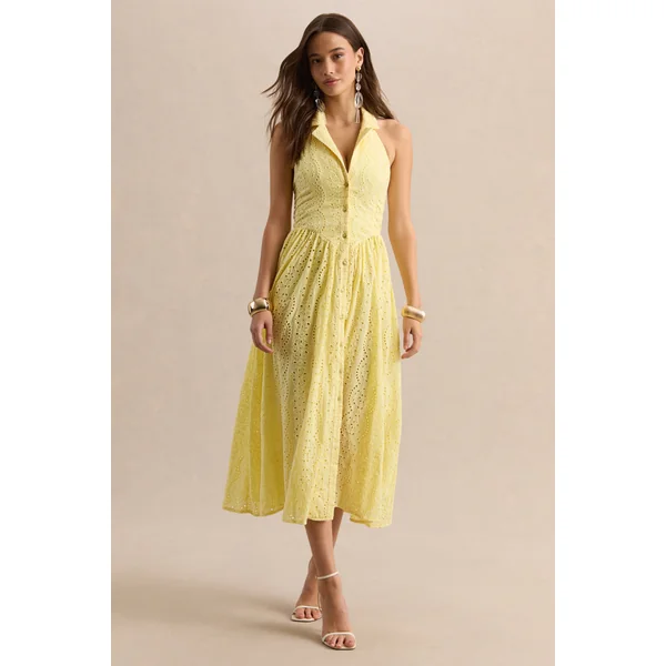 Jezebel | Robe mi-longue jaune à col avec décolleté plongeant en dentelle