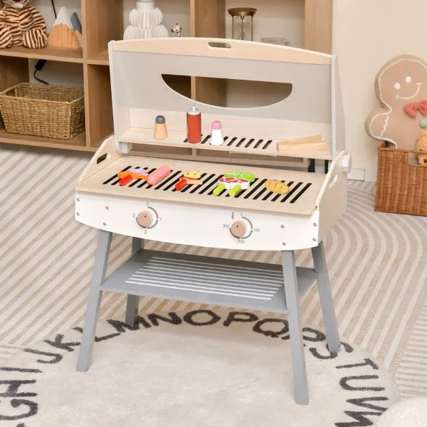 Jouet Barbecue Grill en Bois pour Enfants 3 Ans+ 17 Accessoires Couvercle Rabattable Son Réaliste Cadeaux Idéal