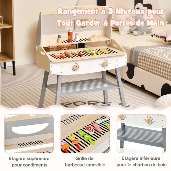 Jouet Barbecue Grill en Bois pour Enfants 3 Ans+ 17 Accessoires Couvercle Rabattable Son Réaliste Cadeaux Idéal