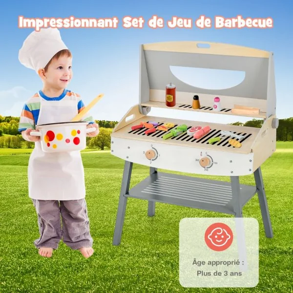 Jouet Barbecue Grill en Bois pour Enfants 3 Ans+ 17 Accessoires Couvercle Rabattable Son Réaliste Cadeaux Idéal