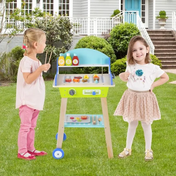 Jouet Barbecue Grill en Bois pour Enfants 3 Ans+ 21 Accessoires avec Roues Son Réaliste Cadeaux Idéal
