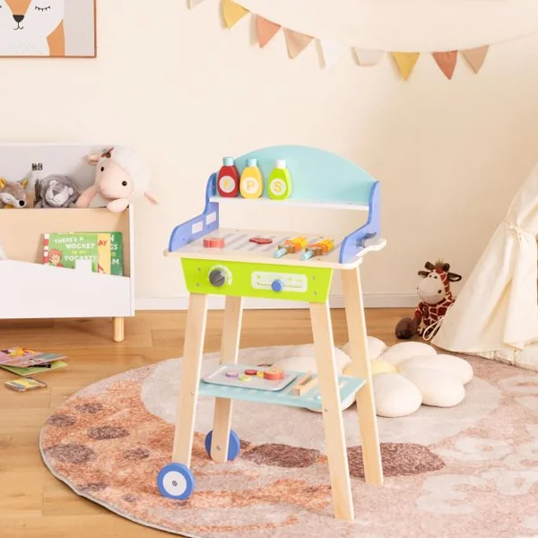 Jouet Barbecue Grill en Bois pour Enfants 3 Ans+ 21 Accessoires avec Roues Son Réaliste Cadeaux Idéal