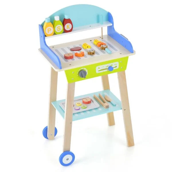 Jouet Barbecue Grill en Bois pour Enfants 3 Ans+ 21 Accessoires avec Roues Son Réaliste Cadeaux Idéal