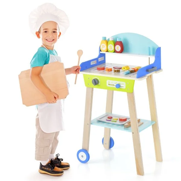 Jouet Barbecue Grill en Bois pour Enfants 3 Ans+ 21 Accessoires avec Roues Son Réaliste Cadeaux Idéal