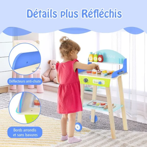 Jouet Barbecue Grill en Bois pour Enfants 3 Ans+ 21 Accessoires avec Roues Son Réaliste Cadeaux Idéal
