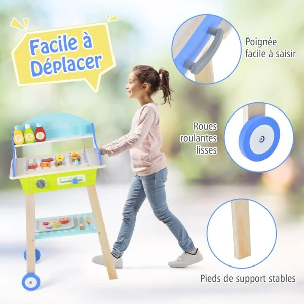 Jouet Barbecue Grill en Bois pour Enfants 3 Ans+ 21 Accessoires avec Roues Son Réaliste Cadeaux Idéal