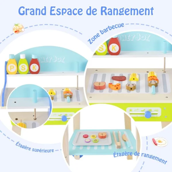 Jouet Barbecue Grill en Bois pour Enfants 3 Ans+ 21 Accessoires avec Roues Son Réaliste Cadeaux Idéal
