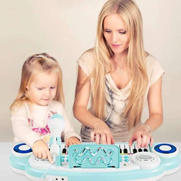Jouet Clavier de Piano Electronique pour Enfant +18 Mois 37 Touches Microphone Câble USB Audio en ABS 47x20x4cm Bleu