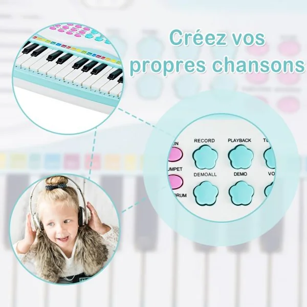 Jouet Clavier de Piano Electronique pour Enfant +18 Mois 37 Touches Microphone Câble USB Audio en ABS 47x20x4cm Bleu