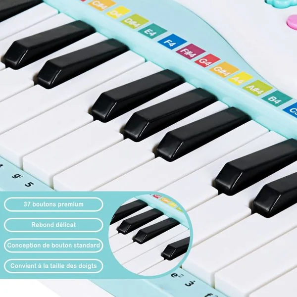 Jouet Clavier de Piano Electronique pour Enfant +18 Mois 37 Touches Microphone Câble USB Audio en ABS 47x20x4cm Bleu