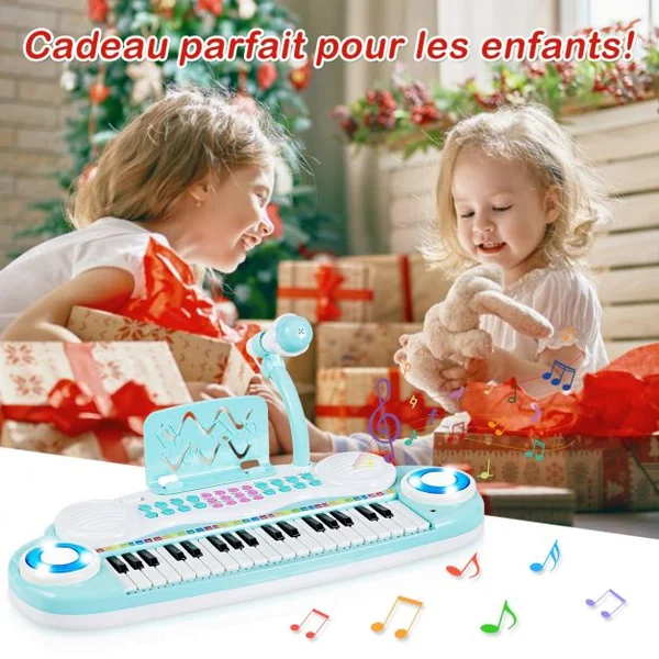 Jouet Clavier de Piano Electronique pour Enfant +18 Mois 37 Touches Microphone Câble USB Audio en ABS 47x20x4cm Bleu