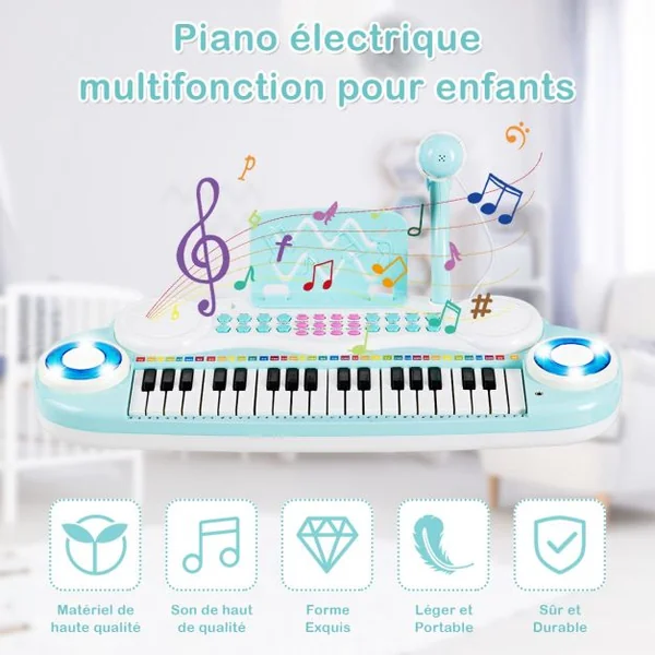 Jouet Clavier de Piano Electronique pour Enfant +18 Mois 37 Touches Microphone Câble USB Audio en ABS 47x20x4cm Bleu