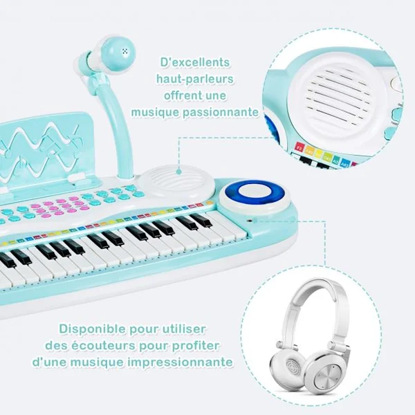 Jouet Clavier de Piano Electronique pour Enfant +18 Mois 37 Touches Microphone Câble USB Audio en ABS 47x20x4cm Bleu