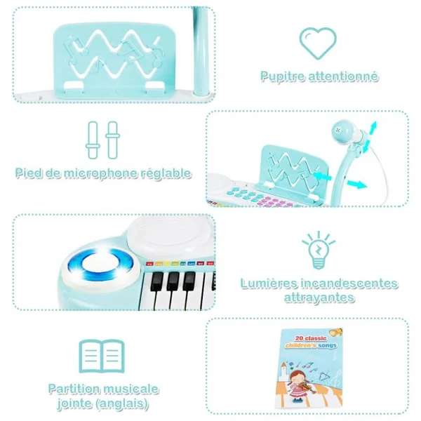 Jouet Clavier de Piano Electronique pour Enfant +18 Mois 37 Touches Microphone Câble USB Audio en ABS 47x20x4cm Bleu