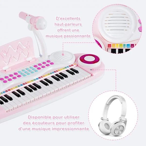 Jouet Clavier de Piano Electronique pour Enfant +18 Mois 37 Touches Microphone Câble USB Audio en ABS 47x20x4cm Rose