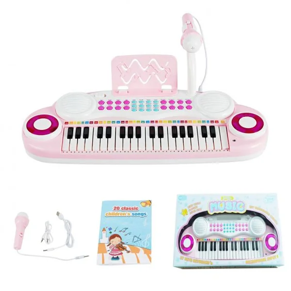 Jouet Clavier de Piano Electronique pour Enfant +18 Mois 37 Touches Microphone Câble USB Audio en ABS 47x20x4cm Rose