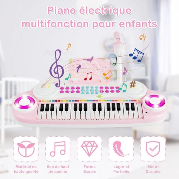 Jouet Clavier de Piano Electronique pour Enfant +18 Mois 37 Touches Microphone Câble USB Audio en ABS 47x20x4cm Rose