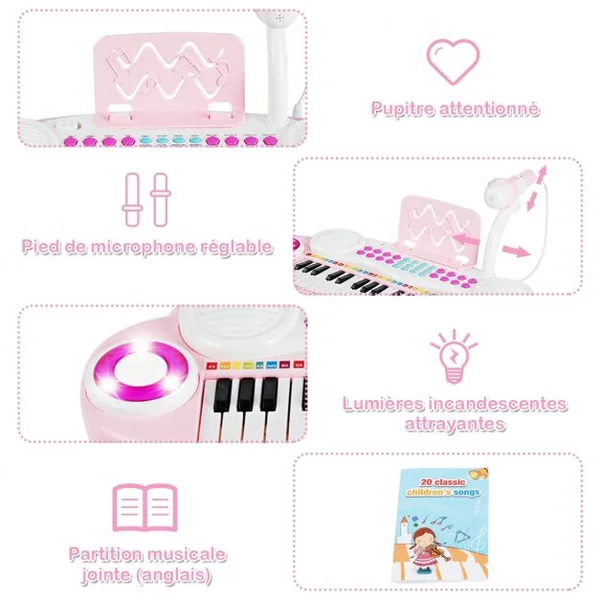 Jouet Clavier de Piano Electronique pour Enfant +18 Mois 37 Touches Microphone Câble USB Audio en ABS 47x20x4cm Rose